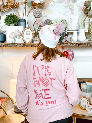 Checkered Heart Ribbed Crewneck in Light Pink