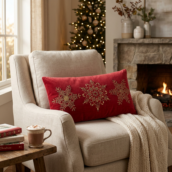 Red Velvety Beaded Snowflake Holiday Pillow
