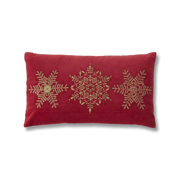 Red Velvety Beaded Snowflake Holiday Pillow