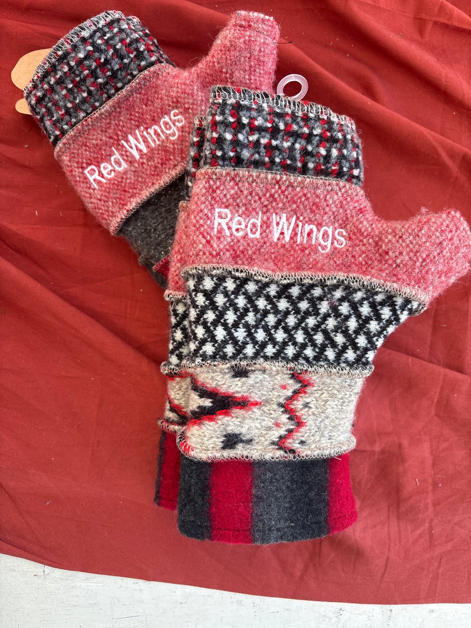 Red Wings Wool Fingerless Mittens
