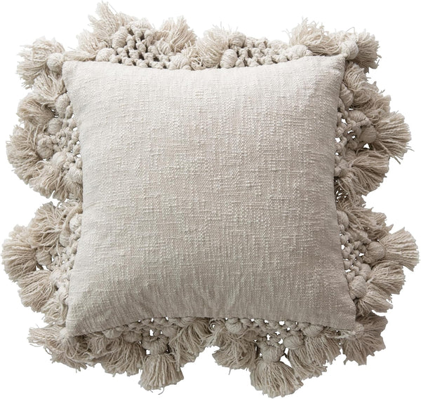 Cotton Slub Pillow with Crochet and Tassels