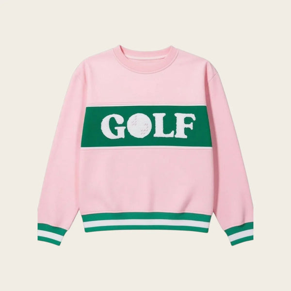 "Golf" Embroidered Crewneck - Pink w/ Green Ribbing