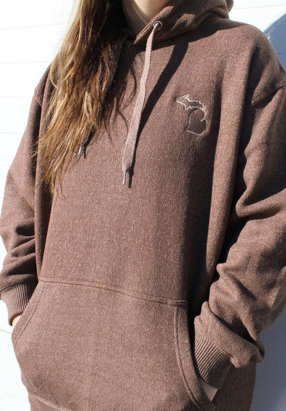 Plush Knit Hoodie with Embroidered Michigan Mitten - Brown