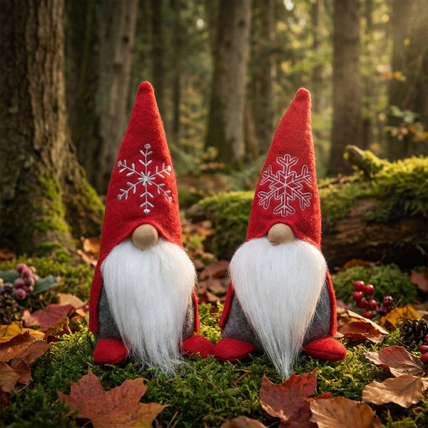 Sitting Red & Gray Gnomes w: Snowflake Hats