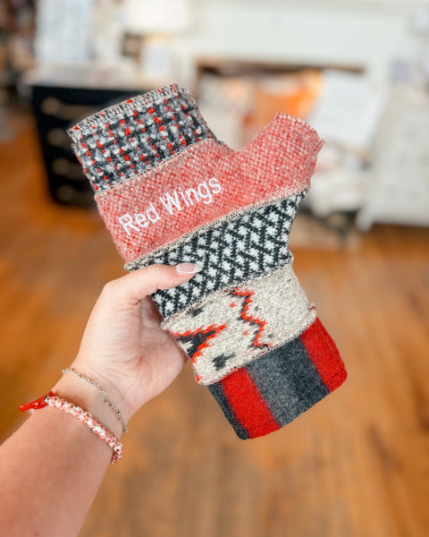 Red Wings Wool Fingerless Mittens