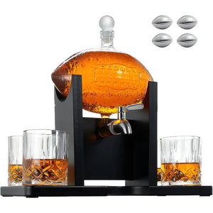 Football Decanter Set w/ 2 Whiskey & Wine Glasses