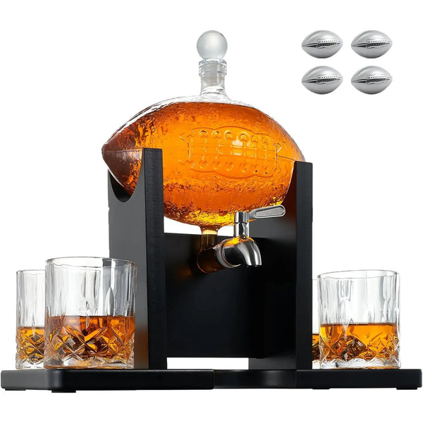 Football Decanter Set w/ 2 Whiskey & Wine Glasses