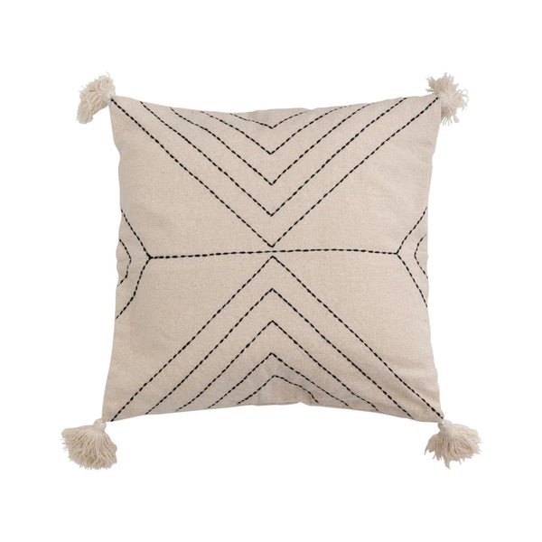Natural & Black Embroidered Cotton Pillow w/ Tassels