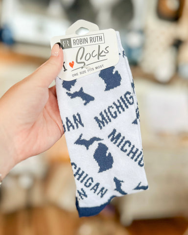 Blue & White Michigan Map Socks