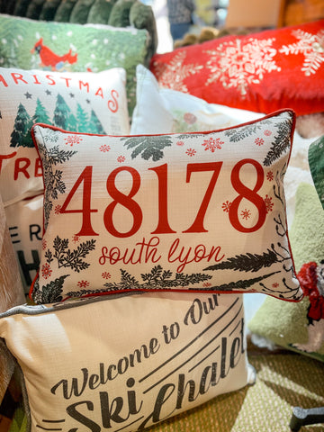 “48178 South Lyon” Christmas Pillow with Red Piping