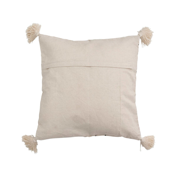 Natural & Black Embroidered Cotton Pillow w/ Tassels