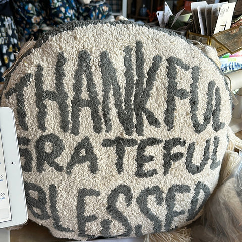 Thankful Grateful Blessed round pillow with tassels 20” rnd