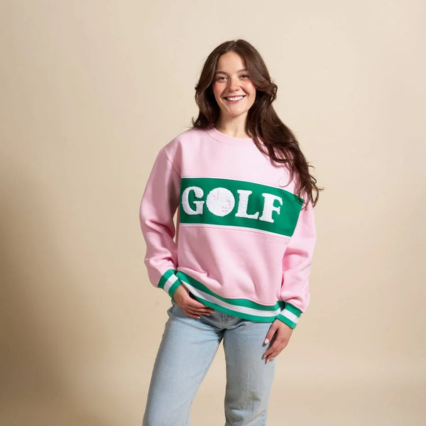 "Golf" Embroidered Crewneck - Pink w/ Green Ribbing