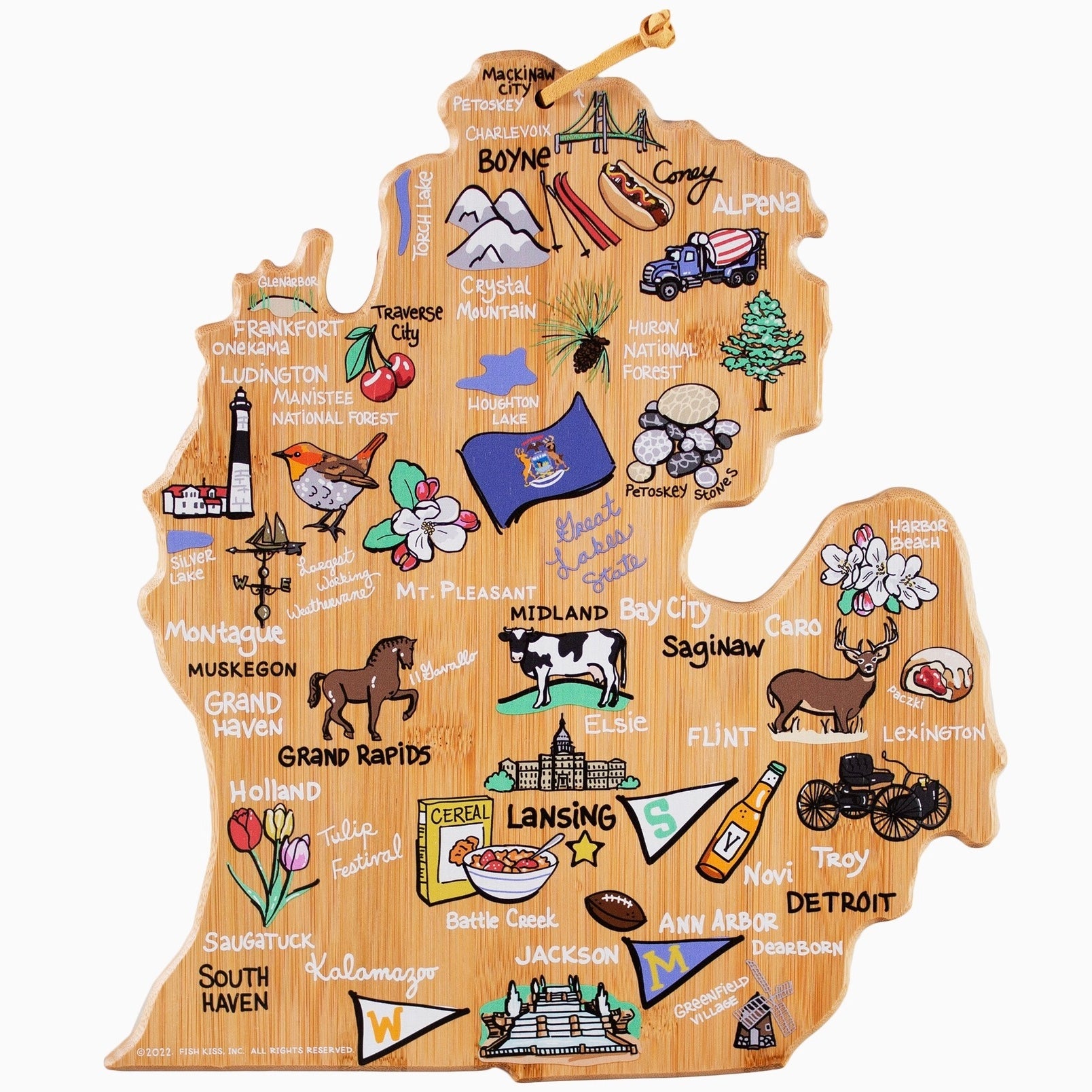 Michigan Mitten Cutting Board with Colored Artwork