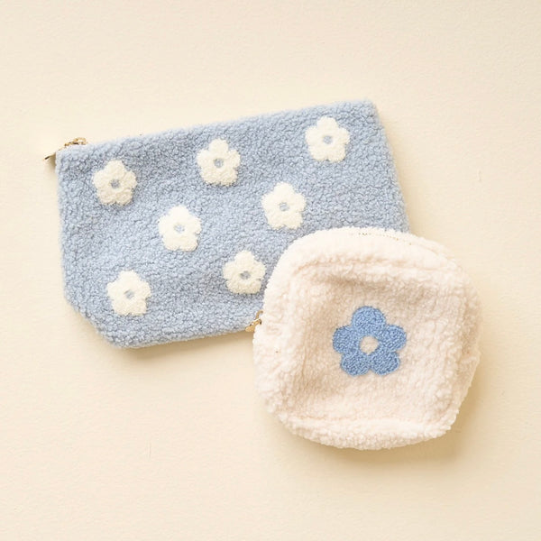 Flower Teddy Pouch in Blue/White