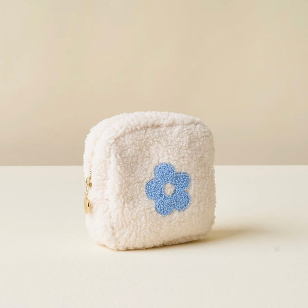 Square Flower Teddy Pouch in White/ Blue