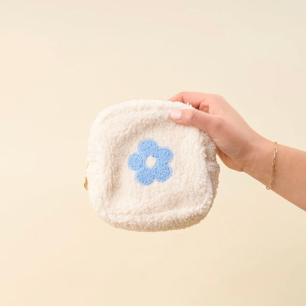 Square Flower Teddy Pouch in White/ Blue