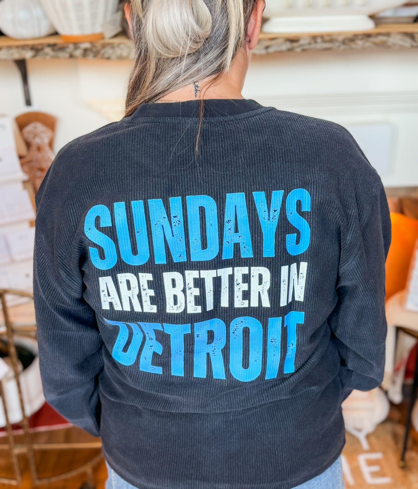 "Sundays are Better in Detroit" Detroit Lions Ribbed Crewneck in Black