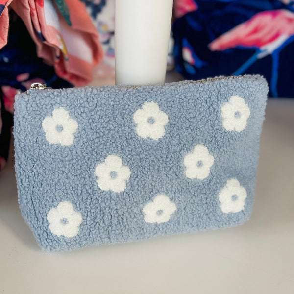 Flower Teddy Pouch in Blue/White