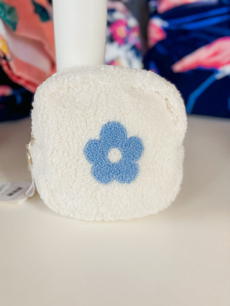 Square Flower Teddy Pouch in White/ Blue