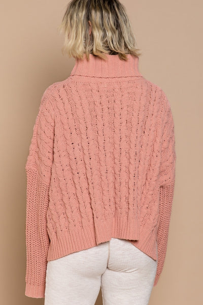 Salmon Cable Knit Turtleneck Sweater