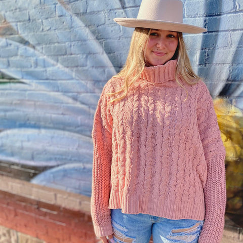 Salmon Cable Knit Turtleneck Sweater