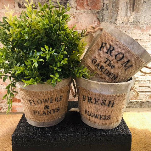 Wood & Burlap Flower Pot