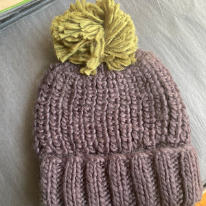 Black Green Hand Knit Pom Hat