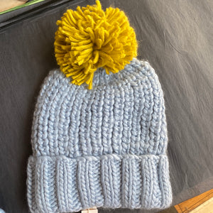 Hand Knit Blue Gold Pom Hat