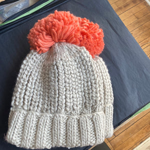 Taupe Orange Hand Knit Pom Hat