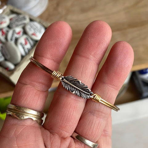 Mini Lucky Feather Bangle Bracelet Brass