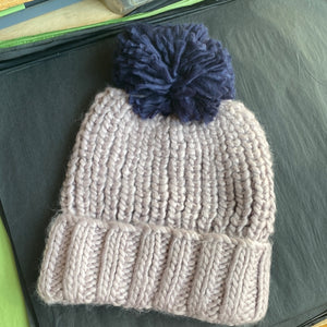 Lavender Navy hand Knit Pom Hat