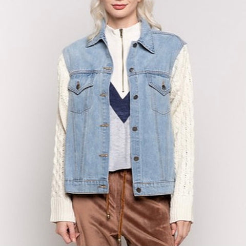 Sweater Sleeve Detail Denim Jacket